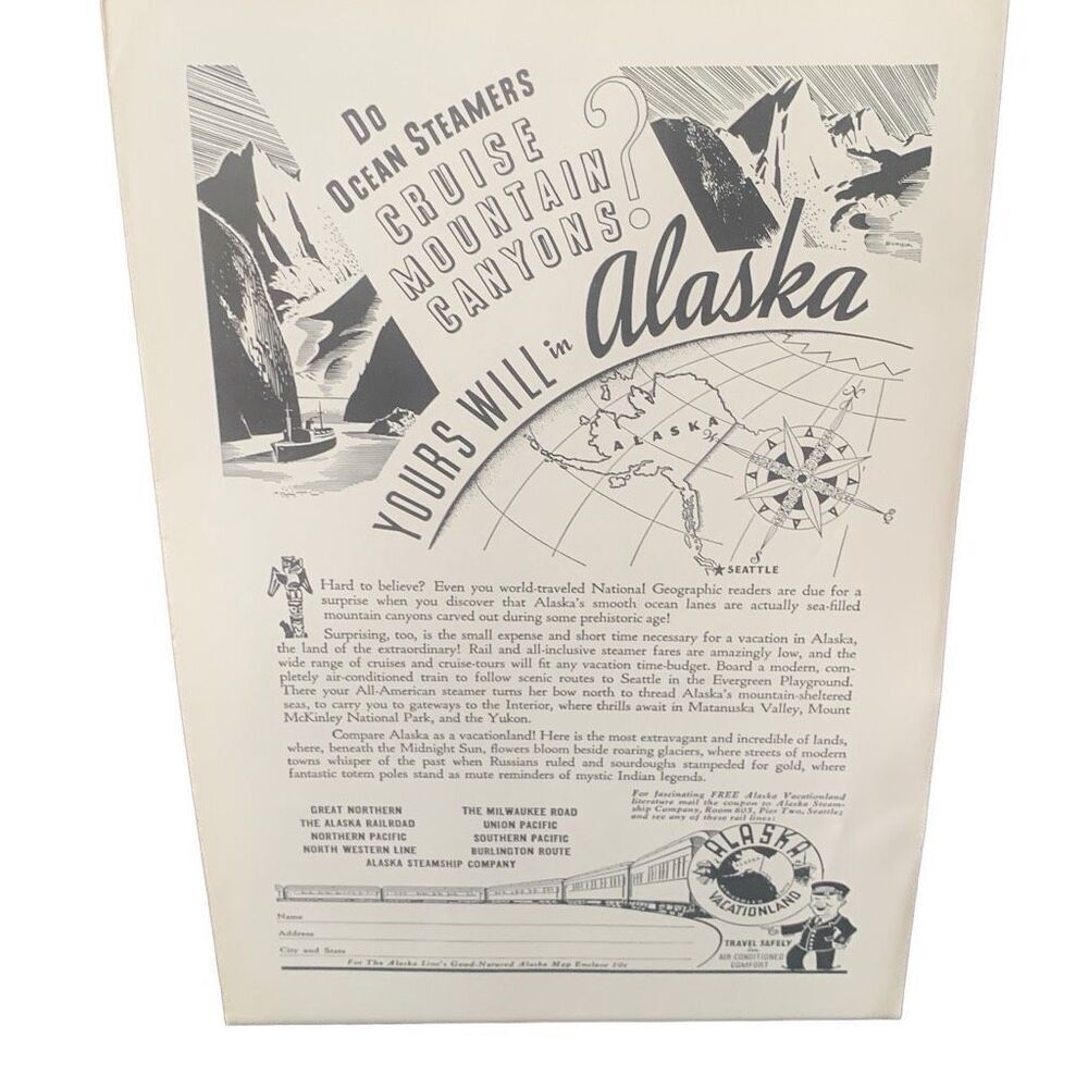 Vintage 1938 Alaska Cruise Mountain Canyons Ad Advertisement